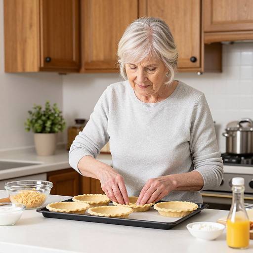 Photograph of an elderly woman with short white hair, wearing a white sweater, placing pie crusts on a baking tray in a wooden kitchen.