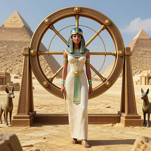Digital artwork of an Egyptian woman in a white dress and blue headpiece, standing before a large wooden wheel in front of pyramids, with two jack