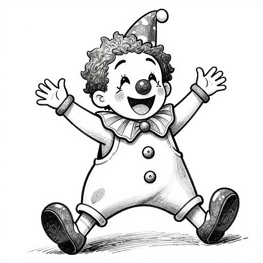 Black-and-white cartoon drawing of a cheerful, curly-haired clown with a pointed hat, bow tie, buttons, and smiling face, arms raised, standing