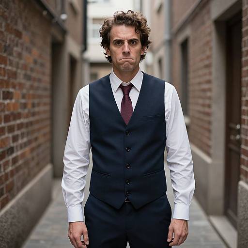 Photograph of a serious-looking middle-aged man with curly brown hair, wearing a black vest, white shirt, and red tie, standing in a narrow