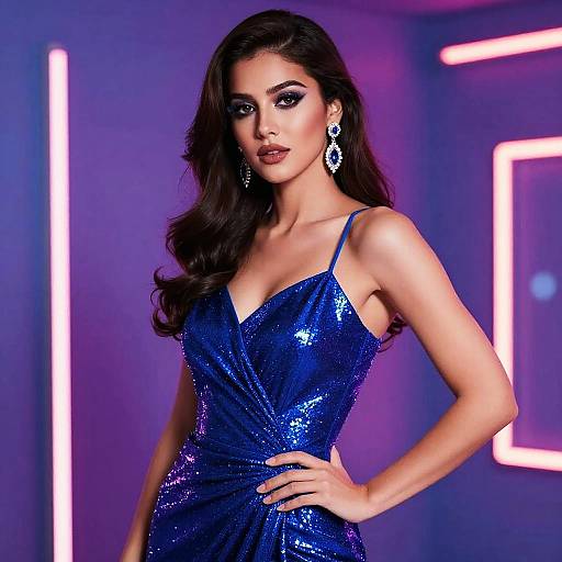 Photograph of a stunning woman with long dark hair, wearing a sparkling blue sequin dress, bold makeup, and large earrings, posing confidently against a