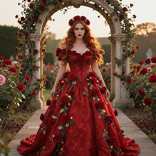 Photograph of a red-haired woman in an elaborate, red, rose-adorned ball gown, standing in front of a rose-covered archway at