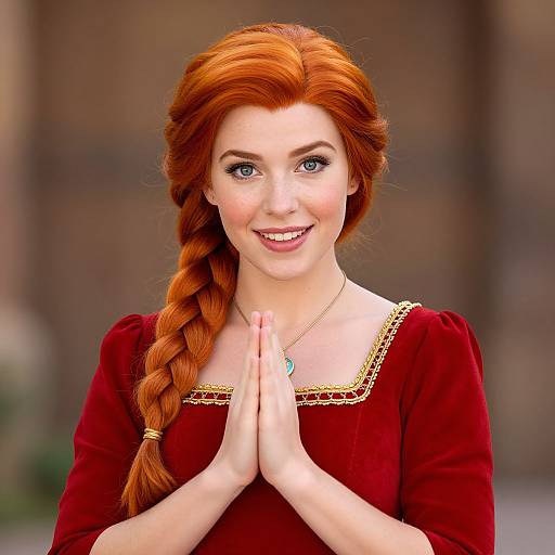 Photorealistic CGI of a fair-skinned, red-haired woman with a braided ponytail, wearing a red velvet dress with gold trim, hands