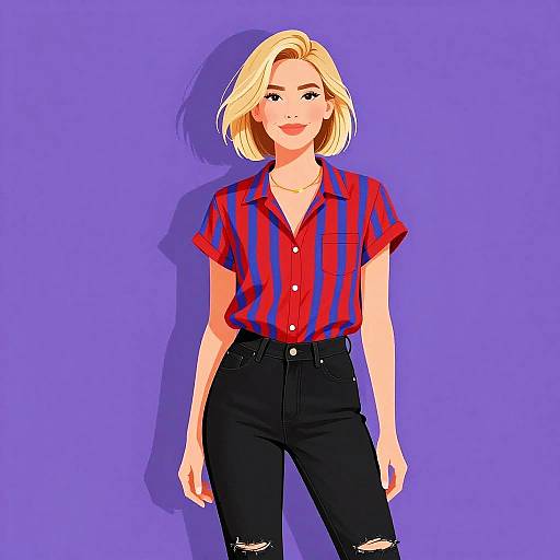 Digital illustration of a blonde woman with short hair, wearing a red and blue striped shirt, black high-waisted ripped jeans, smiling, against a