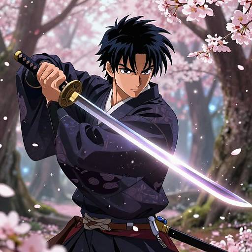 Anime-style drawing of a serious black-haired samurai in a dark kimono, holding a glowing sword, amidst cherry blossom trees.