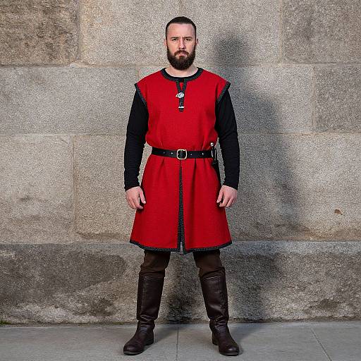 Photograph of a bearded man with a serious expression, wearing a red medieval-style tunic, black long sleeves, belt, and brown boots,