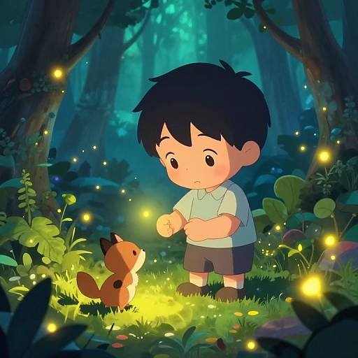 Cartoon boy with black hair, white shirt, and gray shorts stands in enchanted forest, holding glowing firefly next to small brown creature.