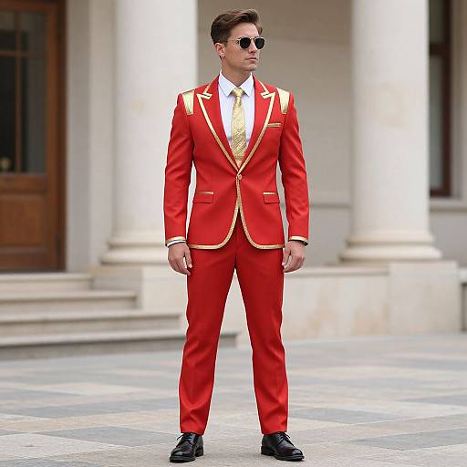 Photograph of a tall, handsome man with short brown hair, wearing sunglasses, a bright red suit with gold trim, white shirt, yellow tie,