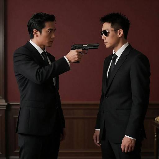 Tense Standoff in Red-Lit Room