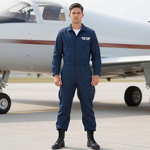 Photograph of a young, Caucasian male pilot with short brown hair, wearing a navy blue jumpsuit and black boots, standing in front of a small