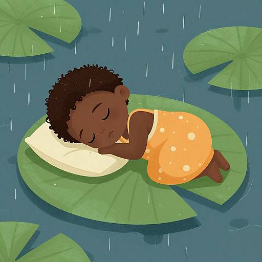 Digital illustration of a dark-skinned, curly-haired child sleeping on a large green lily pad in a blue rain-filled pond, wearing an orange pol