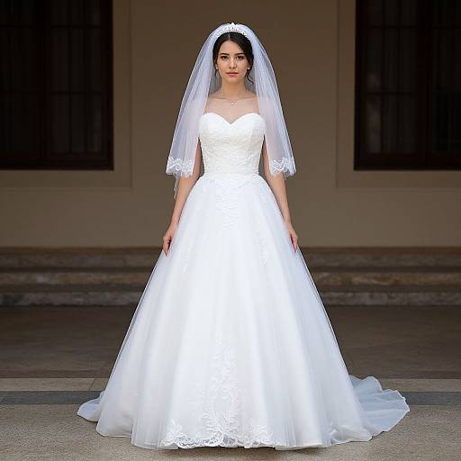 Photograph of a young bride with fair skin and dark hair, wearing a strapless white lace wedding gown and veil, standing in front of a dark