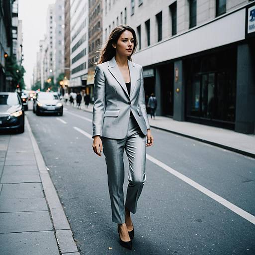 Woman in Silver Suit Walking Downtown