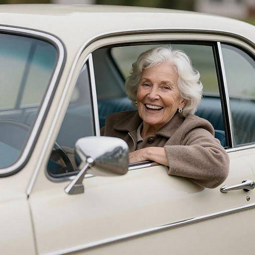 Joyful Older Woman in Classic Car