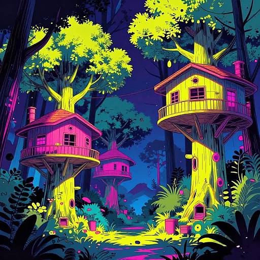Digital art: Vibrant, neon-lit forest with two whimsical, yellow treehouses on giant trees, surrounded by glowing plants and fireflies.
