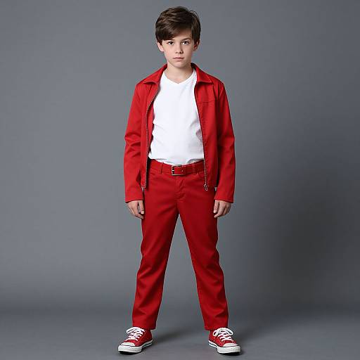 Photograph of a young boy with short brown hair, wearing a red jacket, white shirt, red pants, and red sneakers, standing against a gray