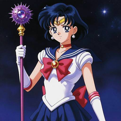 Digital anime drawing of Sailor Moon holding a magical wand, wearing a white top, red bow, blue skirt, and white gloves, against a dark star