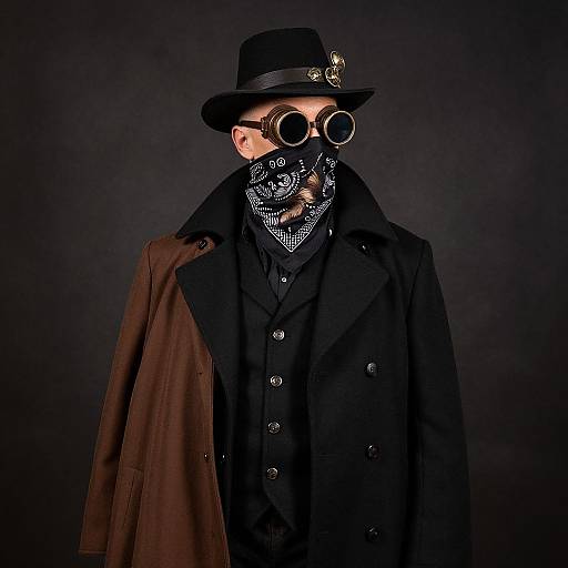 Photograph of a man in a black hat, round glasses, patterned mask, black shirt, and brown coat against a dark background.