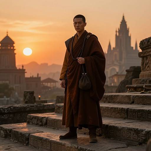 Photograph of a serious young Buddhist monk in a brown robe, standing on ancient stone steps at sunset, with a cathedral in the background.