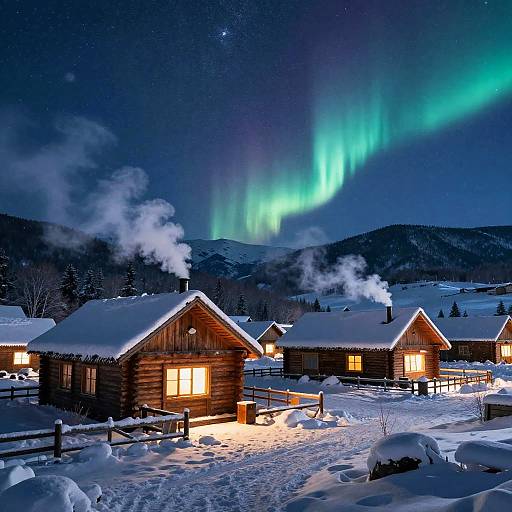 Photograph of a snowy village at night with glowing aurora borealis, lit wooden cabins emitting warm light, smoke rising, snow-covered ground, and