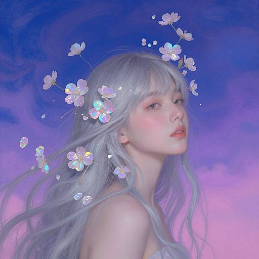 Digital painting of a pale-skinned, ethereal woman with long, silver hair adorned with glowing white flowers, set against a vibrant blue and pink sky