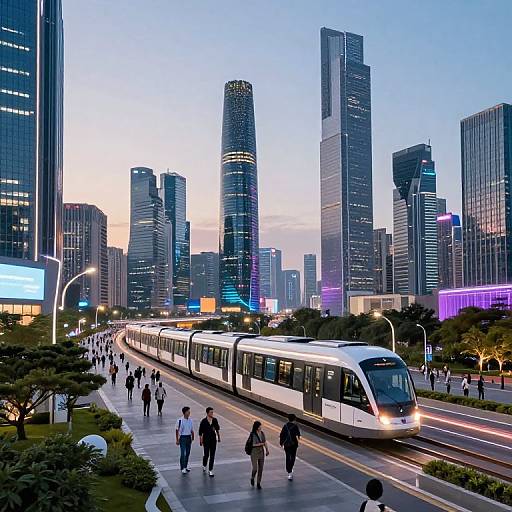 Photograph of a modern cityscape at dusk with a white tram in the foreground, tall skyscrapers with illuminated windows, and pedestrians walking along the