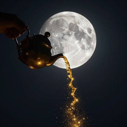 Photograph of a silhouetted person pouring tea from a teapot against a bright full moon in a dark night sky.