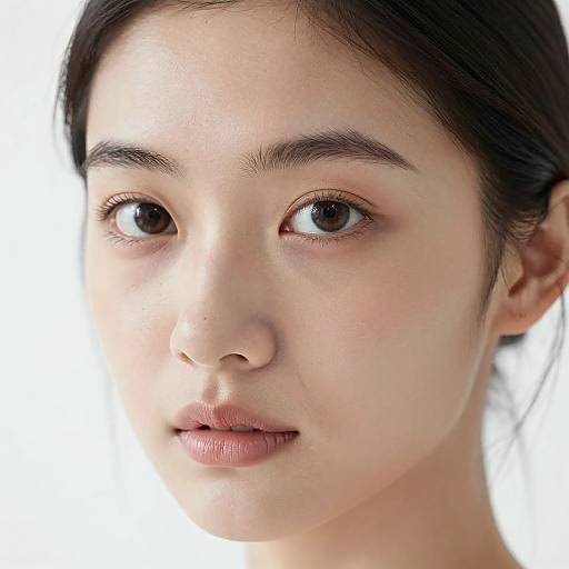 Close-up photograph of an Asian woman with fair skin, dark brown eyes, and black hair pulled back, against a white background.