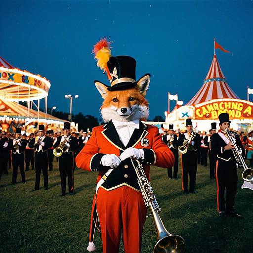 Fox Mascot in Marching Band Uniform at Carnival