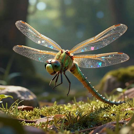 Photograph of a sparkling, iridescent dragonfly with blue and pink dots on its translucent wings, perched on green moss in a sunlit