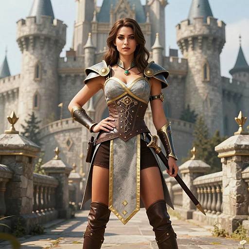 Digital artwork of a fierce, dark-haired woman in medieval armor with a sword, standing confidently in front of a grand castle.
