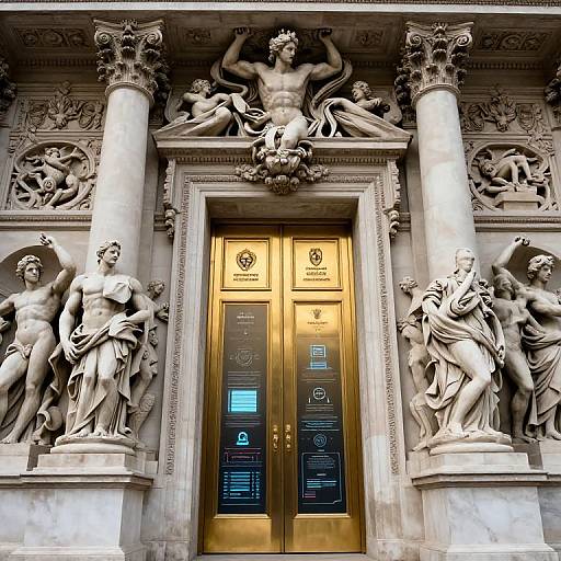 Photograph of an ornate, classical-style building entrance featuring golden double doors with intricate carvings, flanked by detailed marble statues of draped,