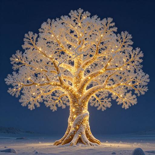 Photograph of a snow-covered tree illuminated with glowing yellow lights against a dark blue night sky, standing in a snowy landscape.