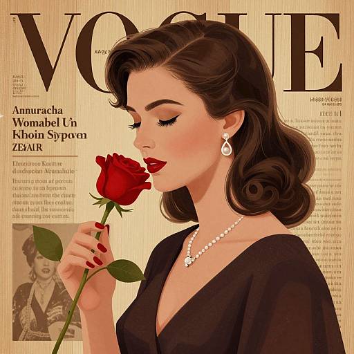 Vintage Vogue magazine cover illustration of a fair-skinned woman with curled black hair, red lipstick, pearl necklace, black dress, smelling a red rose.