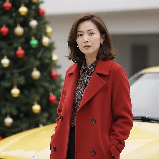 Woman in Red Coat Beside Yellow Car