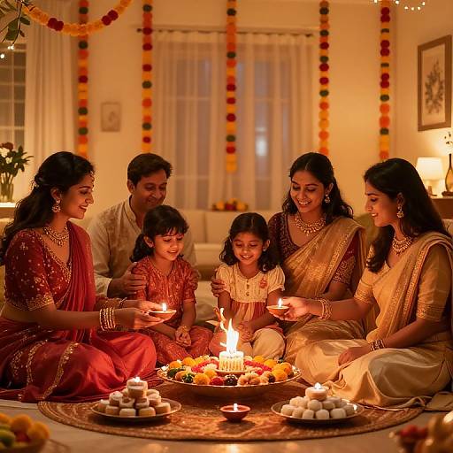 Photograph of a joyful Indian family, including a man and five women in traditional sarees, gathered around a candle-lit Diwali tray.