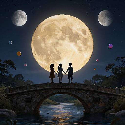 Children on Moonlit Arch Bridge