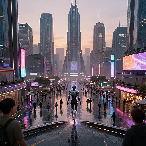 Digital art of a futuristic cityscape at sunset, crowded wet street, silhouetted figure in center, neon lights, towering skyscrapers.