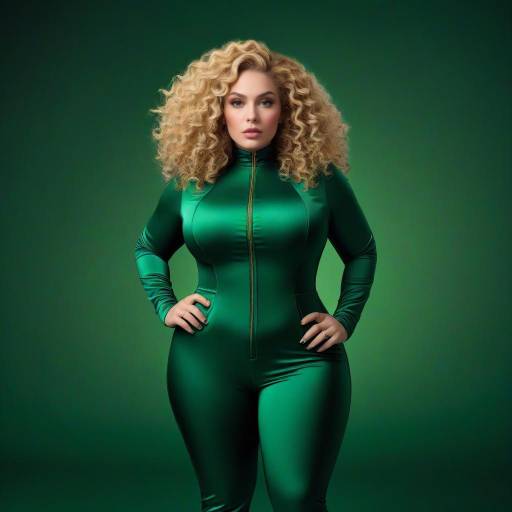 Elegant Woman in Green Catsuit with Curly Hair