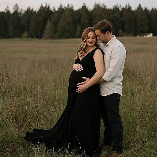 Pregnant woman in black dress, white-shirted man embrace her from behind in grassy field, forest background, photograph, natural light.