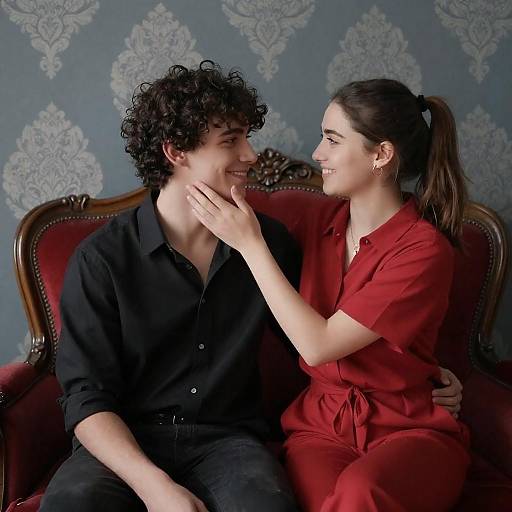 Intimate Couple on Ornate Red Chair