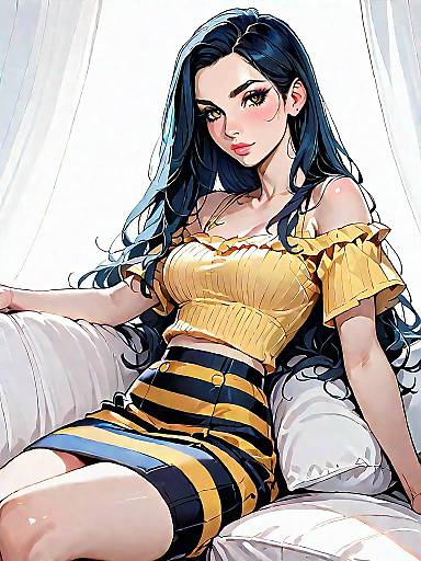 Stylish Woman in Mustard Yellow and Striped Skirt