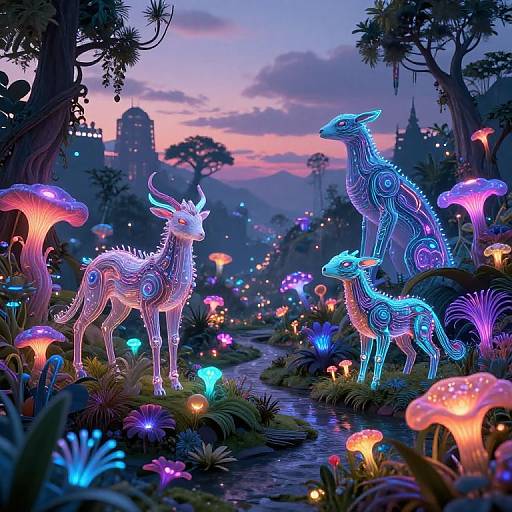 Fantastical digital art of glowing, neon-colored deer with intricate patterns, standing in a magical forest of bioluminescent mushrooms and flowers at twilight