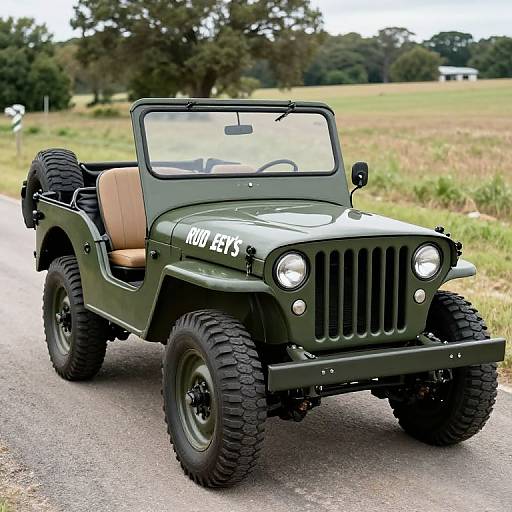 Photograph of a vintage, olive-green military Jeep with 
