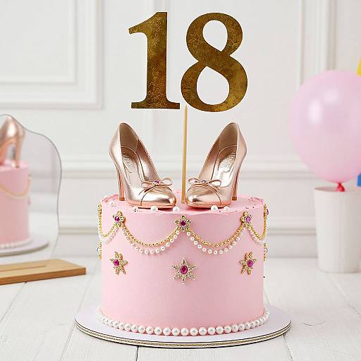 Photograph of a pink birthday cake with gold decorations, pearl border, and two rose-gold high heels on top, numbered 