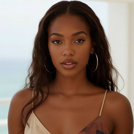 Photograph of a beautiful, dark-skinned woman with long, wavy black hair, wearing a white camisole, large hoop earrings, and