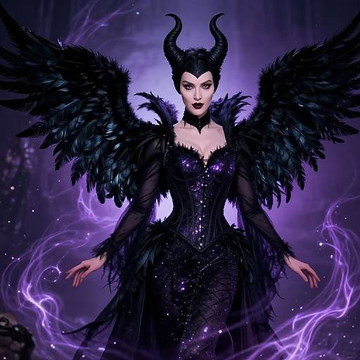 Digital fantasy artwork of a dark, winged queen with black horns, feathered wings, and a sequined black gown, surrounded by purple lightning.