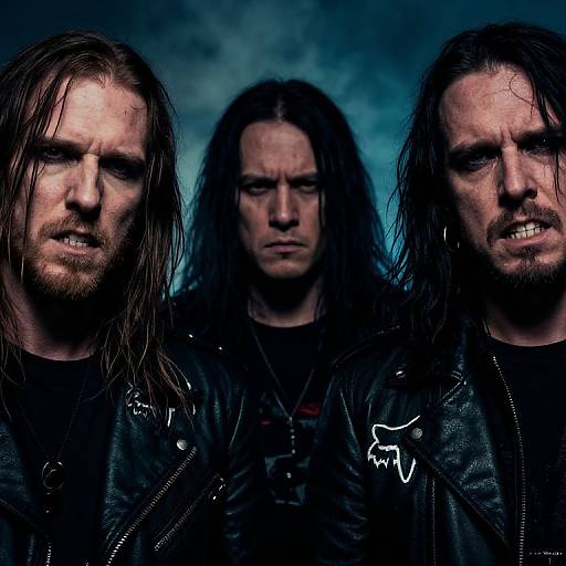 Photograph of three intense, long-haired, bearded men in black leather jackets, with grim expressions, against a dark blue, cloudy background.