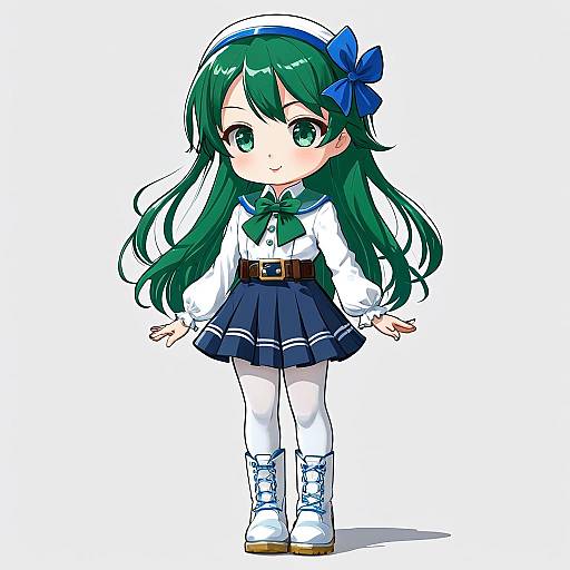 Chibi-style anime girl with long green hair, blue bow, white blouse, green necktie, navy skirt, white stockings, and lace-up boots