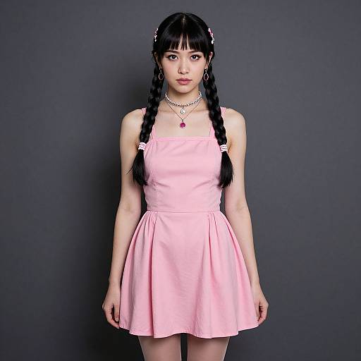 Photograph of an East Asian woman with black braided hair, wearing a pink sleeveless dress, silver necklace, and pink earrings, standing against a